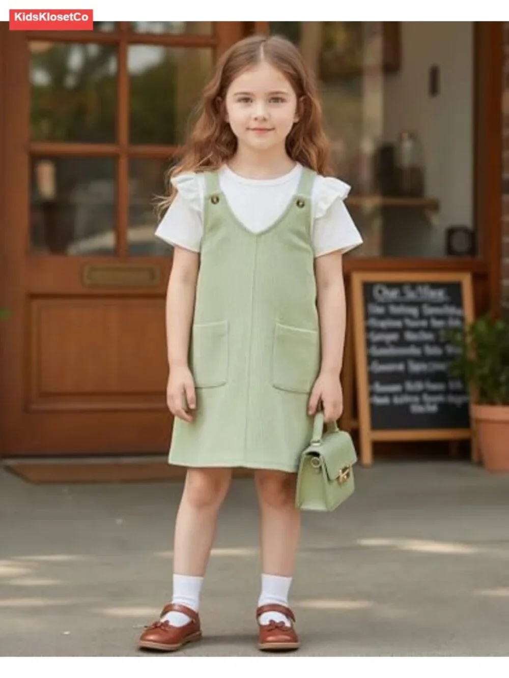 Toddler Girl V-Neck Corduroy Pinafore Overall Dress & Short Sleeve T-Shirt Set